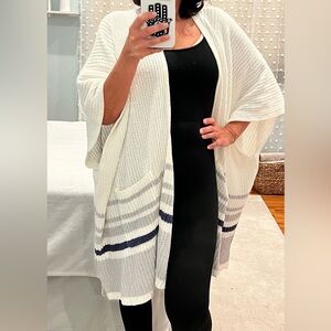 aerie Cream and Navy Striped Open-Knit Cardigan
